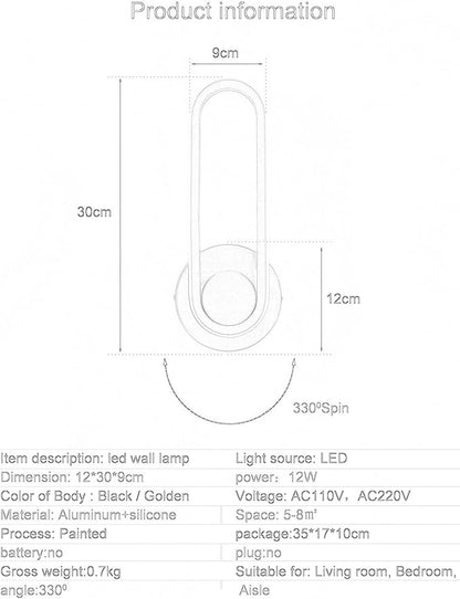 Modern 12W LED Wall Lighting Fixture 330° Rotatable Wall Lamps Modern Minimalist Creative Black Acrylic Wall Sconces for Bedroom, Living Room Balcony Kitchen Hallway