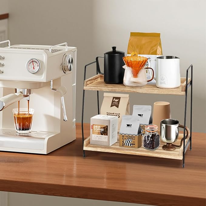 2-Tier Coffee Station Organizer for Countertop, Wooden Coffee Bar Organizer with 2 Cup Hooks, Countertop Storage for Bathroom, Kitchen, Holiday Decorations