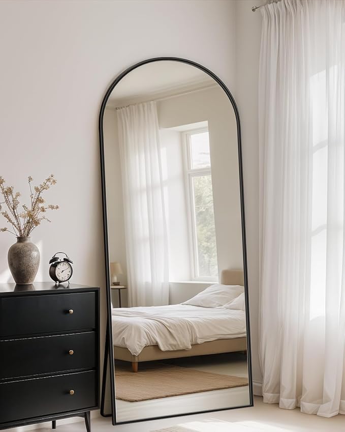 Full Length Mirror with Stand, 64"x21" Arched Full Body Mirror, Large Stand Up Aluminum Frame Floor Freestanding Hanging Leaning Mounted for Bedroom Living Room Entryway Black