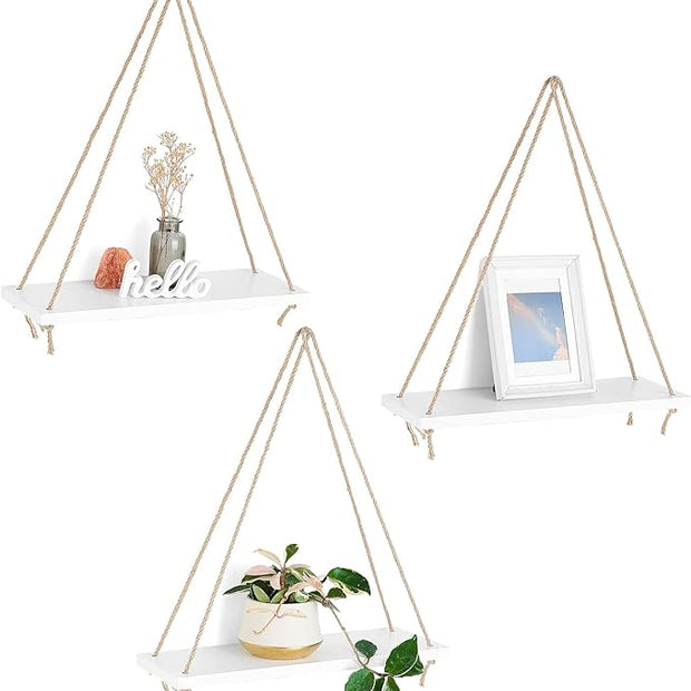 Mkono Wood Hanging Shelves for Wall Boho Decor Swing Rope Rustic Floating Shelf, Set of 3 Wall Display Shelving Home Organizer Rack for Living Room Bedroom Bathroom Kitchen,White