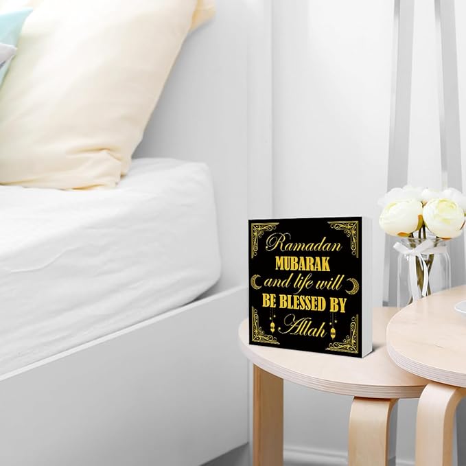 Ramadan Decorations - Islamic Decor - Ramadan Mubarak Wooden Sign Home Office Living Room Bedroom Kitchen Bathroom Desk Table Shelf Wall Decor - 5 x 5 Inches