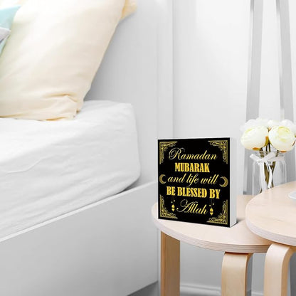 Ramadan Decorations - Islamic Decor - Ramadan Mubarak Wooden Sign Home Office Living Room Bedroom Kitchen Bathroom Desk Table Shelf Wall Decor - 5 x 5 Inches