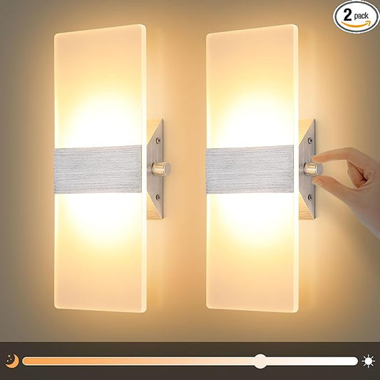 LIGHTESS Dimmable Wall Sconce Set of 2 with Dimmer Switch, Modern LED Wall Lamp 12W for Hallway Bedroom Living Room, Warm White, HS