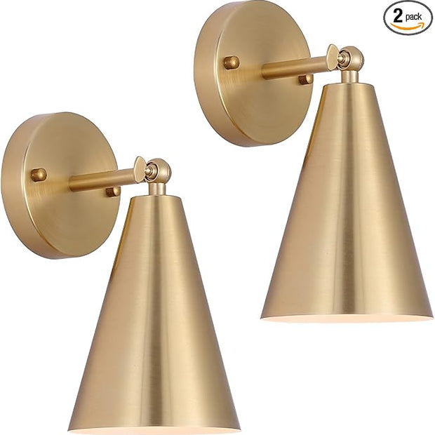 MWZ Gold Sconces Set of 2, Modern Brass Wall Sconces Lighting Fixtures with Metal Shade, Indoor Decor Wall Mount Swing Arm Lamp for Bedroom,Bedside,Kitchen,Hallway,Living Room,Reading,Bar