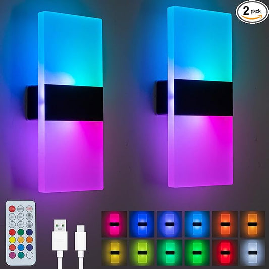 LED Wall Lights for Room Decor, Battery Operated Wall Sconce Set of 2, Remote Control, Dimmable, Rechargeable, Cordless Wall Lamps for Bedroom