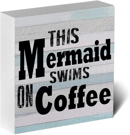 Mermaid Decor Beach Decorations for Home Rustic Kitchen Mermaid Bathroom Beach Theme Wooden Box Sign for Home Sea Desk Coffee Bar Shelf Centerpieces Table
