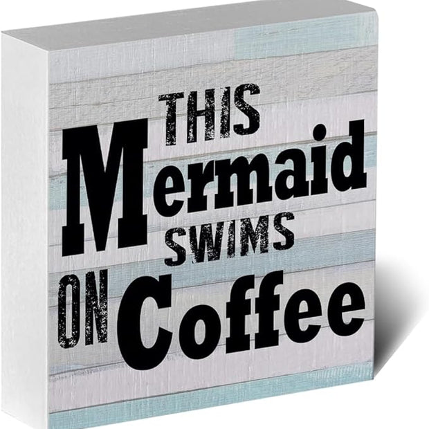 Mermaid Decor Beach Decorations for Home Rustic Kitchen Mermaid Bathroom Beach Theme Wooden Box Sign for Home Sea Desk Coffee Bar Shelf Centerpieces Table