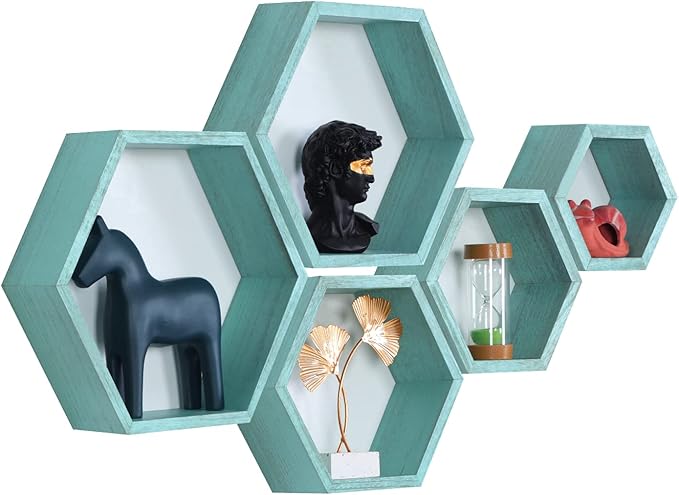 PHOENANCEE Hexagon Floating Shelves,Wall Mounted Wood Farmhouse Storage Honeycomb Wall Shelf Set of 5,for Bathroom, Kitchen, Bedroom, Living Room,Office,Driftwood Finish (Ocean Blue)