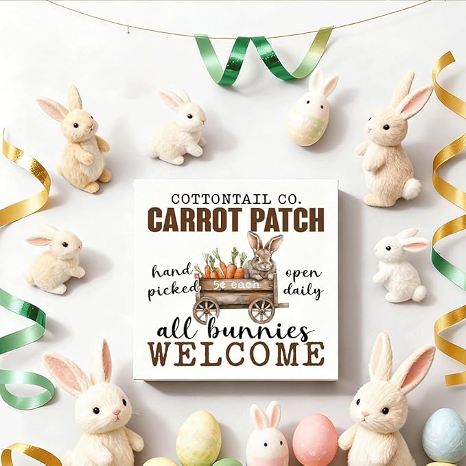 Easter Decorations for Home Carrot Patch All Bunnies Welcome Sign, Rustic Farmhouse Rabbit Spring Wall Decor, Vintage Carrot Tin Plaque for Porch Kitchen Garden Easter Decor
