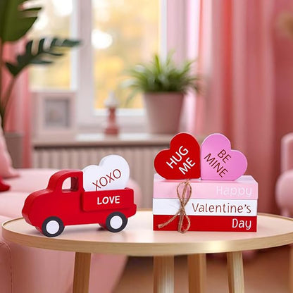 AKEROCK Valentines Day Decorations, Valentines Day Decor - Wooden Valentine Sign & Red Truck & 3 Heart Decor for Table, Tiered Tray, Office Desk, Mantel, Valentine Decorations for Home