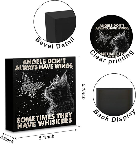 Black Cat Themed Gifts Wood Box Sign, Angels Don't Always Have Wings Sometimes They Have Whiskers, Woods Table Decorative Signs for Office Home Tabletop Shelf Decoration, Cat Lovers Gift for Women