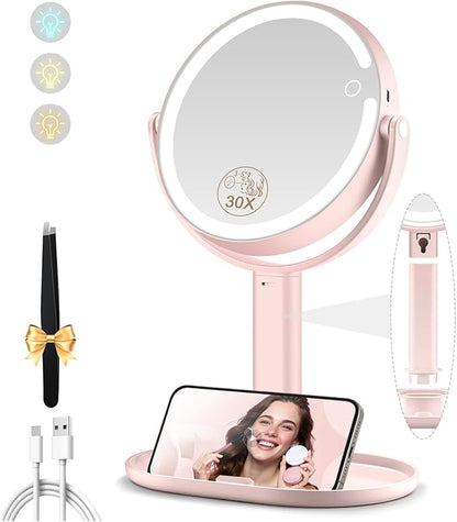 Makeup Mirror with Lights, Double Sided 1x/30x Magnifying Mirror with Light, Rechargeable 3 Color Lights and Adjustable Brightness, 360° Rotation Detachable Comes with Tweezer(Blush-30X)