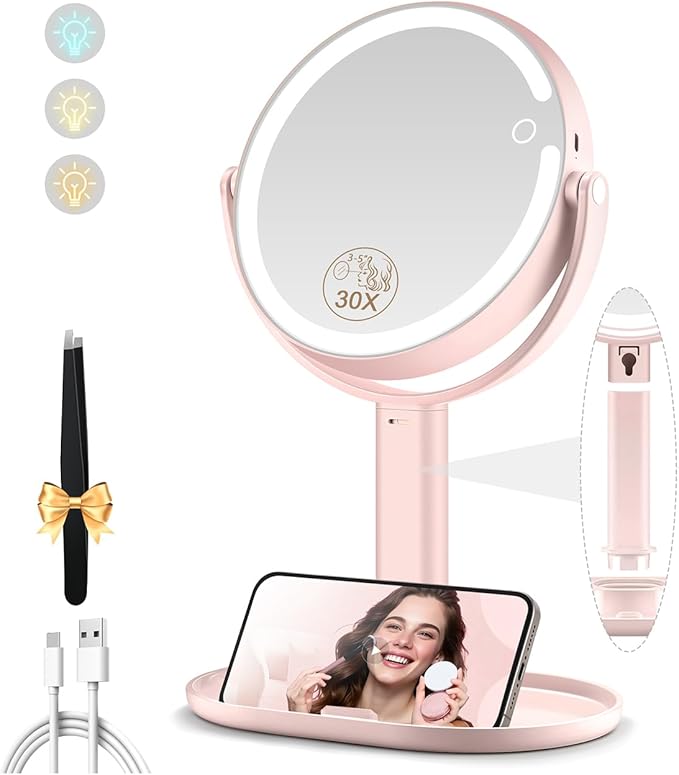Makeup Mirror with Lights, Double Sided 1x/30x Magnifying Mirror with Light, Rechargeable 3 Color Lights and Adjustable Brightness, 360° Rotation Detachable Comes with Tweezer(Blush-30X)