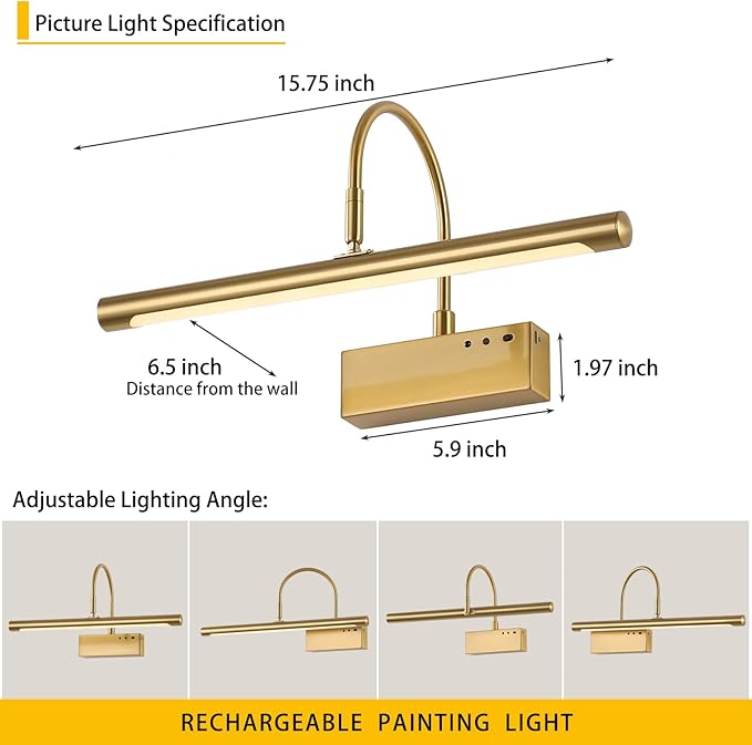 Picture Light for Wall with Remote,Brass Rechargeable Art Light,Wireless Battery Operated Wall Sconce, 3 Color Modes,16" Painting Light Over Picture Frame,Artwork,Photos,Gallery