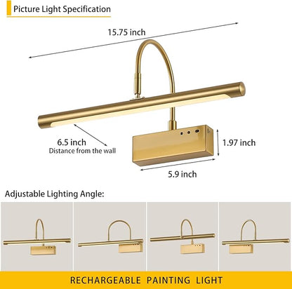 Picture Light for Wall with Remote,Brass Rechargeable Art Light,Wireless Battery Operated Wall Sconce, 3 Color Modes,16" Painting Light Over Picture Frame,Artwork,Photos,Gallery