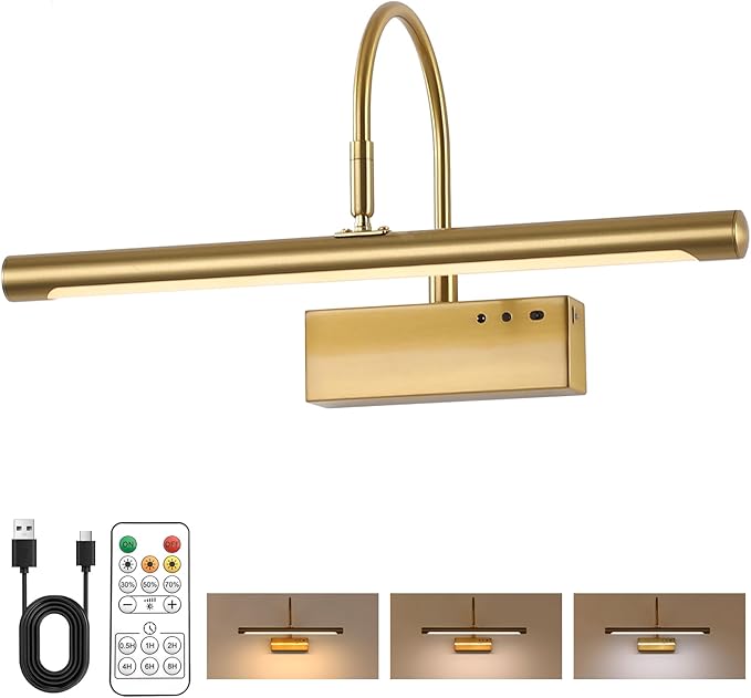 Picture Light for Wall with Remote,Brass Rechargeable Art Light,Wireless Battery Operated Wall Sconce, 3 Color Modes,16" Painting Light Over Picture Frame,Artwork,Photos,Gallery