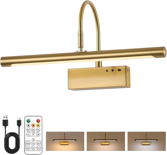 Picture Light for Wall with Remote,Brass Rechargeable Art Light,Wireless Battery Operated Wall Sconce, 3 Color Modes,16" Painting Light Over Picture Frame,Artwork,Photos,Gallery
