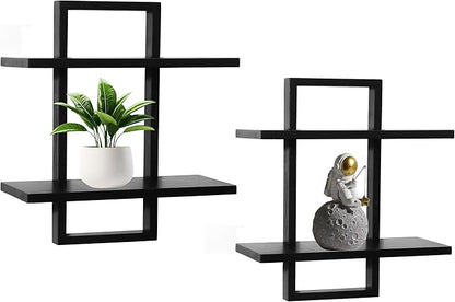 PHOENANCEE Floating Shelves for Wall,Display Hanging Shelf Set of 2,Modern Decorative Plants Shelves,Wood Home Decor Storage Chic for Living Room Bedroom Bathroom Office,Oak Frame,2-Tier Black