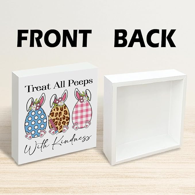 Easter Decorations Treat All Peeps With Kindness Wooden Box Sign, Cute Bunny Spring Desk Decor, Farmhouse Easter Shelf Plaque Gift for Teacher Classroom Home Office