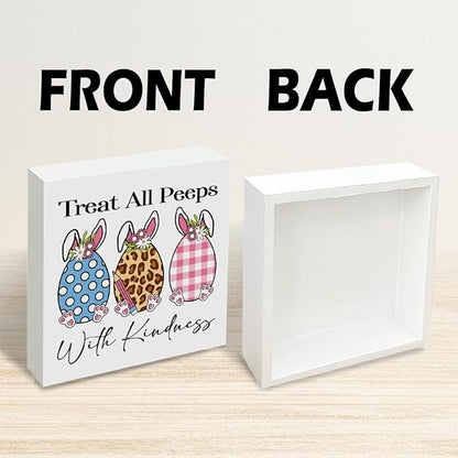 Easter Decorations Treat All Peeps With Kindness Wooden Box Sign, Cute Bunny Spring Desk Decor, Farmhouse Easter Shelf Plaque Gift for Teacher Classroom Home Office