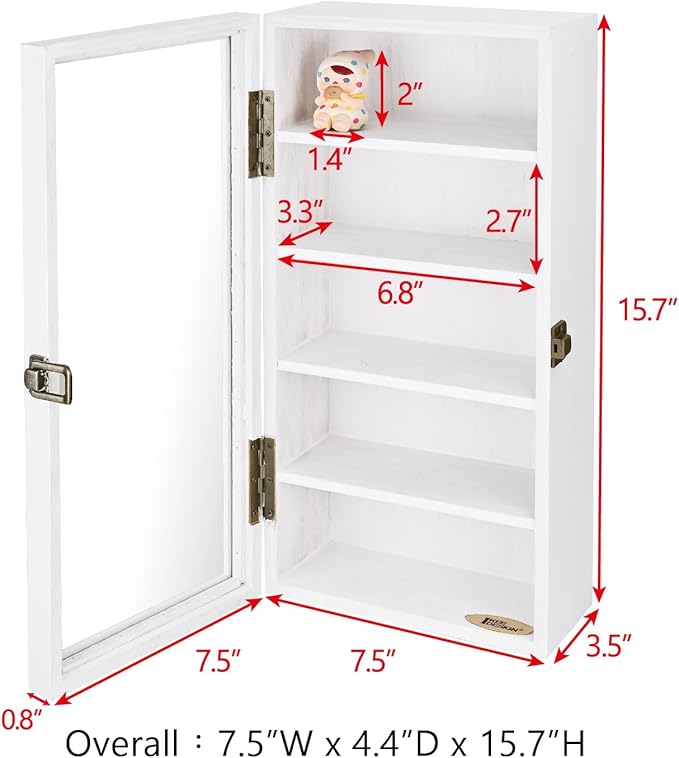 Ikee Design Wall Mounted Wooden Collectible Shadow Box Display Case 5 Shelf Display Shot Glass Storage Accessories with Tempered Glass Door, Wash White Color