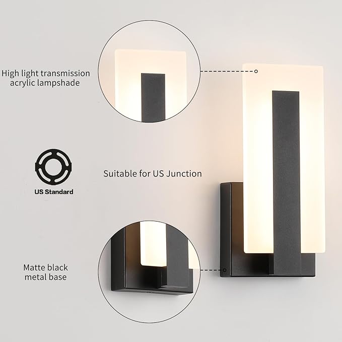 Joosenhouse Modern LED Wall Sconce Dimmable Wall Mounted Lamp Set of 2, Black 3000K Warm White Wall Lamp, Hardwired Bathroom Vanity Light, Indoor Wall Lights for Hallway, Bedroom, Study, Living Room.