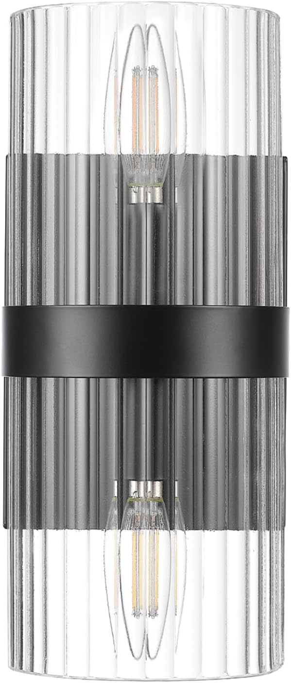 GLOBE Electric 65000050 2-Light Wall Sconce, Matte Black, Ribbed Glass Shade, E12 Base Sockets, Lights for Living Room, Home Decor, Lighting, Mounted Bedside Lamp