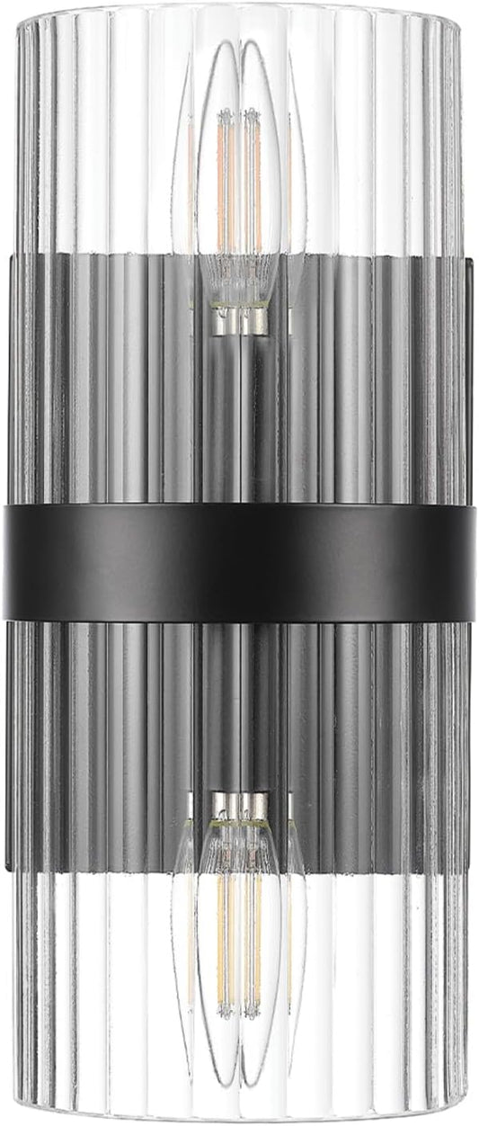 GLOBE Electric 65000050 2-Light Wall Sconce, Matte Black, Ribbed Glass Shade, E12 Base Sockets, Lights for Living Room, Home Decor, Lighting, Mounted Bedside Lamp