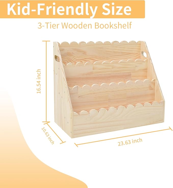 Kids Bookshelf 3-Tier, Solid Wood Bookcase & Montessori Book Display Rack, Open Front Facing Bookshelves for Toddlers, Children's Room, Nursery, Bedroom, Playroom Organizer (Large)