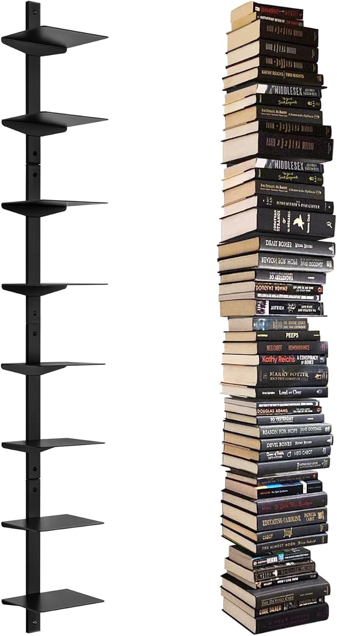 Floating Book Shelves for Wall, 8 Tier Invisible Floating Bookshelf, Vertical Spine Book Tower, Wall Mounted & Space Saving, Heavy Duty Metal Book Organizer for Home Office, 4 Pack Black