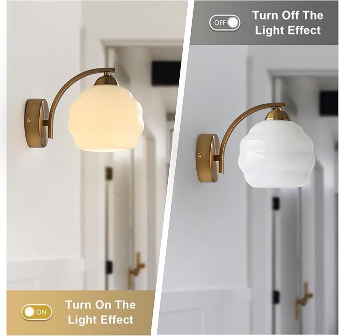 Milk Glass Wall Sconce Brushed Gold Wall Sconce Globe Vanity Lights Sconces Set of 2 Mid Century Wall Mounted Light Modern Bathroom Sconces Wall Lighting Set of 2 Bathroom Wall Lamp