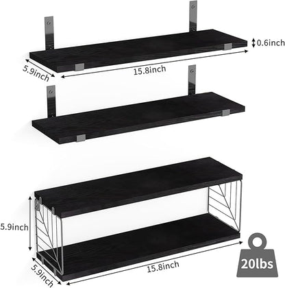 Fixwal 3+1 Tier Bathroom Floating Shelves Over Toilet, 15.8in Farmhouse Rustic Wood Shelves, Wall Decor for Bathroom, Living Room,Bedroom and Kitchen (Black)