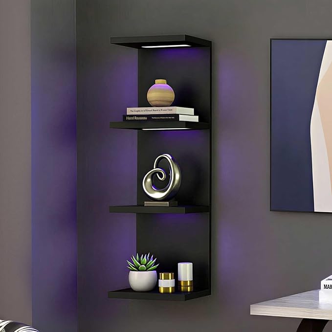 4-Tier Wall Shelf Unit with RGB Lights, Floating Lack Shelf for Home Decor, Wall Mounted Vertical Display Shelf for Bedroom Living Room Vanity, Black