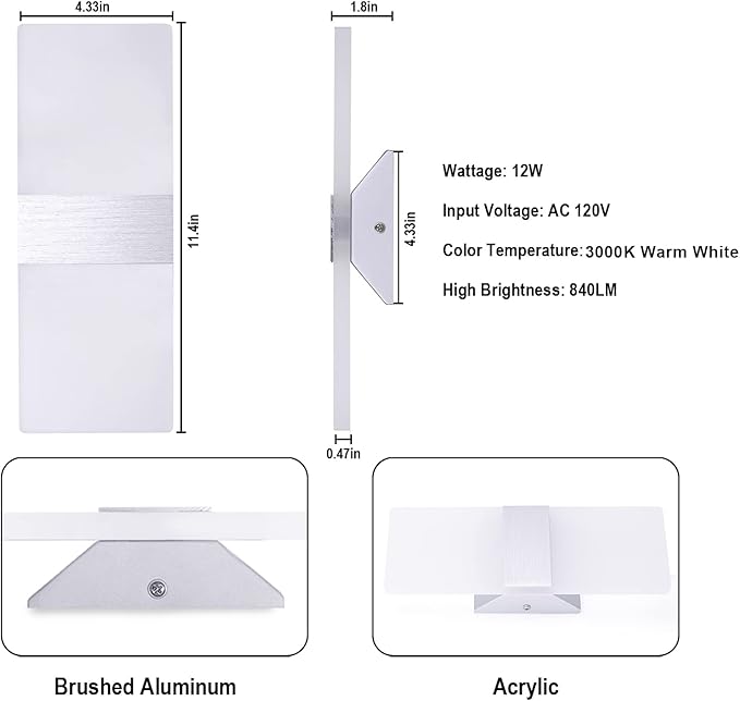 TRLIFE Modern Wall Sconces Set of 2, Dimmable LED Wall Sconce 12W 3000K Warm White Hardwired Wall Sconce Lighting for Bedroom, Bathroom, Living Room, Porch, Staircase, Cafe, Hotel (2 Pack)