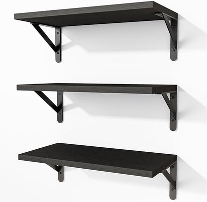 Fixwal Floating Shelves for Wall, Wood Wall Mounted Shelves for Bedroom, Bathroom, Living Room, Kitchen Storage and Decor(Black, Set of 3, 16.5 Inch)