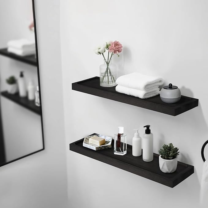 Solid Wood Floating Shelves for Wall 36 inch Bathroom Hanging Wall Shelves Set of 2 for Living Room Bedroom Kitchen Farmhouse 36x6.7 inch - Black