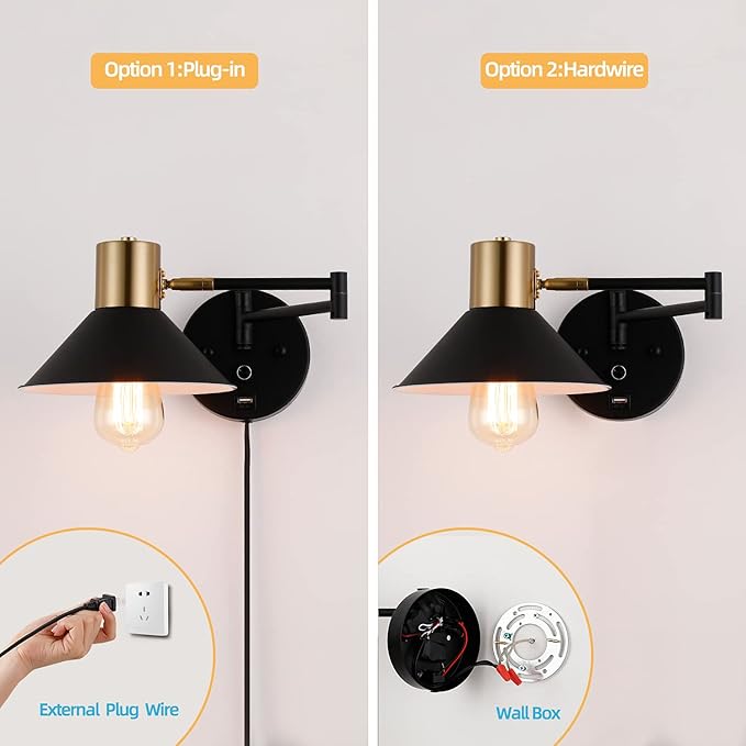 Swing Arm Wall Lamp Plug in Wall Sconces Adjustable Vintage Industrial Reading Light Bedside Wall Mount Light with Dimmable Switch and USB Port Black