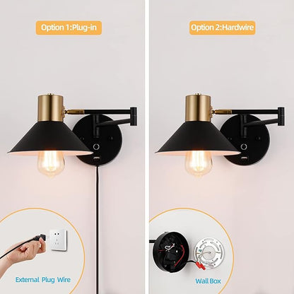 Swing Arm Wall Lamp Plug in Wall Sconces Adjustable Vintage Industrial Reading Light Bedside Wall Mount Light with Dimmable Switch and USB Port Black