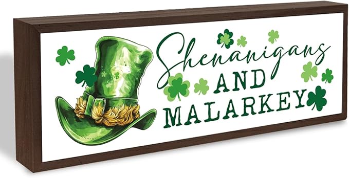 St. Patrick's Day Wooden Table Signs, Shenanigans and Malarkey Sign, Lucky Clover Wooden Block Framed Signs, Desk Decor Art, St. Patrick's Day Themed Decor for Cafe Shop Coffee Bar, 9.5x3.1x1 inches