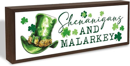 St. Patrick's Day Wooden Table Signs, Shenanigans and Malarkey Sign, Lucky Clover Wooden Block Framed Signs, Desk Decor Art, St. Patrick's Day Themed Decor for Cafe Shop Coffee Bar, 9.5x3.1x1 inches