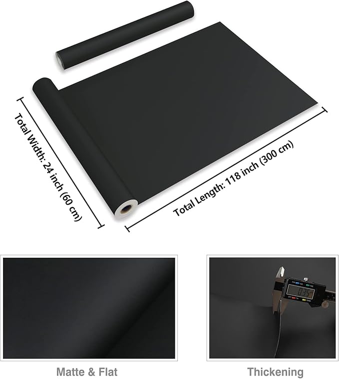 CRE8TIVE Black Wallpaper Peel and Stick Modern 24"x118" Wide Self Adhesive Matte Black Contact Paper for Countertops Waterproof Decorative Thick Black Vinyl Roll for Kitchen Bedroom Walls Cabinets