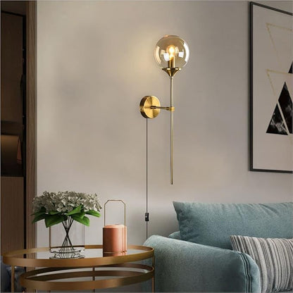 BOKT Mid Century Modern Gold Long Pole Wall Sconce Lighting Plug in Cord Minimalist Amber Glass Globe Wall Sconce Light Plug in Vintage Bathroom Bar Wall Lamp Light Fixture (Amber-Plug in)