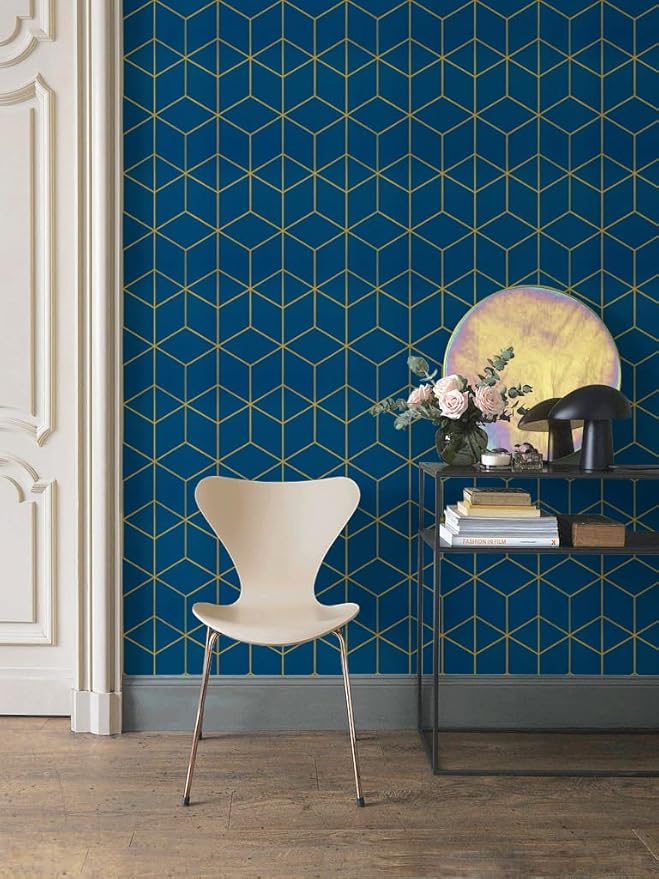 Safiyya Gold and Blue Wallpaper Peel and Stick Wallpaper Modern Geometric Contact Paper Waterproof Self Adhesive Wall Paper for Bathroom Vinyl Roll 590"x17.3"