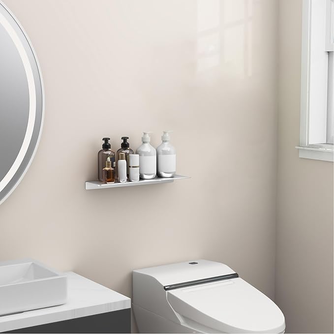 Danpoo Adhesive Floating Shelf for Wall Storage, Metal Wall Shelf for Bathroom/Living Room/Kitchen/Bedroom, Display Shelf for Collectibles(Silver, 16