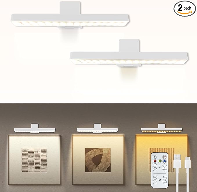 2Pack Picture Lights Battery Operated, Rechargeable Picture Frame Lights for Wall, LED Cordless Wall Lights Dimmable & Timmer with Remote Control for Arts, Paintings, Gallery, Dartboard, 3 Color Modes