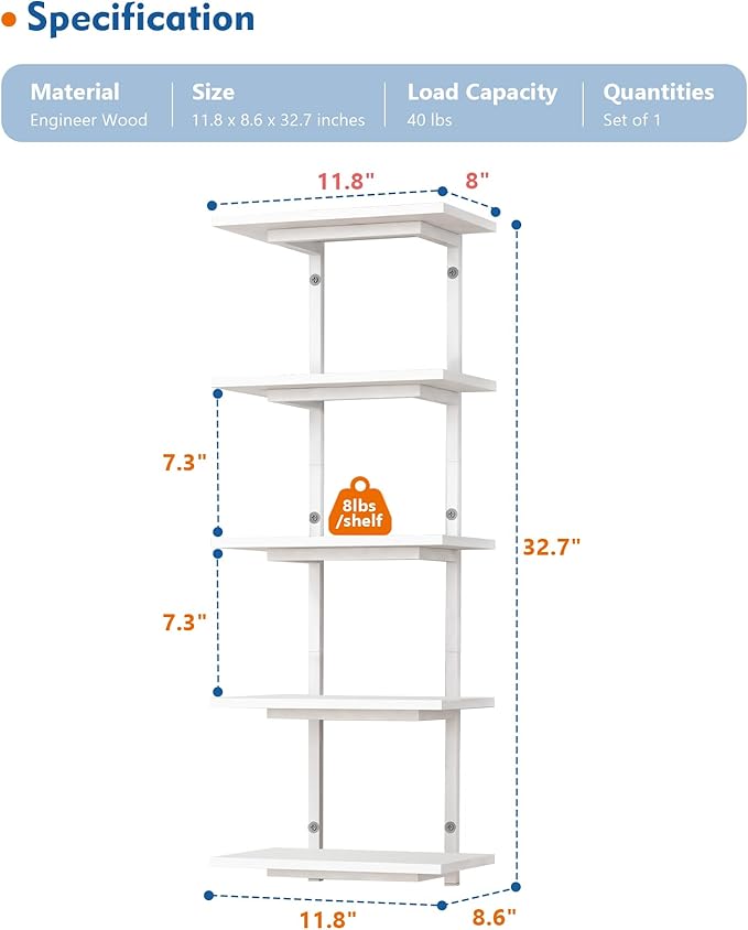 White 5 Tier Wall Shelf Unit for Shoes Display, Lack Wall Bookshelf for Bedroom, Vertical Tiered Floating Book Shelves for Office Living Room Bathroom Vanity Kitchen Closet Purses Bags
