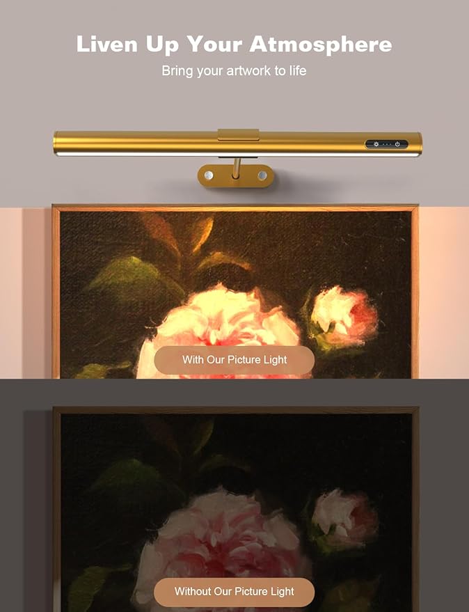 GOVSSING Picture Lights for Wall - 4000mAh Rechargeable Battery Wireless Picture Light with Remote, 3 Color Temps & Dimmable, 15.7” Rotatable Art Light, Memory & Timer Functions, Gold