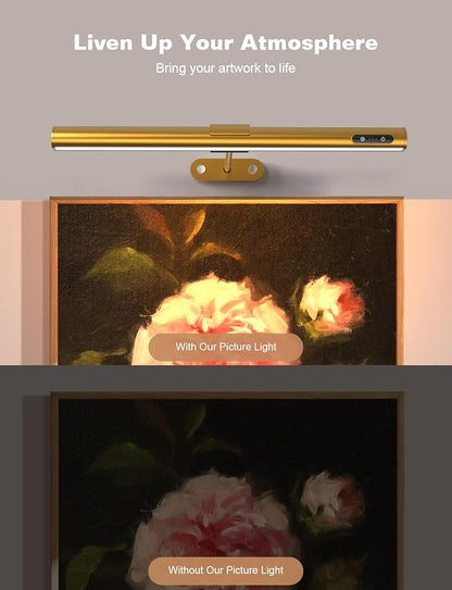 GOVSSING Picture Lights for Wall - 4000mAh Rechargeable Battery Wireless Picture Light with Remote, 3 Color Temps & Dimmable, 15.7” Rotatable Art Light, Memory & Timer Functions, Gold