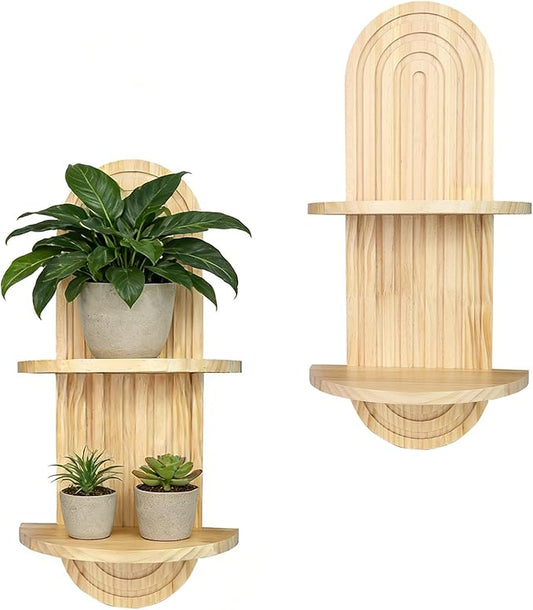 Boho Wall Shelves with Arched Wooden Design, Mid Century Modern Decor Plant Wall Shelf Set of 2, Double Floating Shelves for Home Living Room Bathroom Bedroom, 23.6 x 11.8 Inches (Natural)