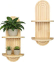 Boho Wall Shelves with Arched Wooden Design, Mid Century Modern Decor Plant Wall Shelf Set of 2, Double Floating Shelves for Home Living Room Bathroom Bedroom, 23.6 x 11.8 Inches (Natural)
